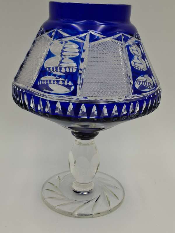 Vintage Bohemian Cobalt Blue Overlay Heavy Cut Footed Crystal Vase / Bowl - stunning - 24cm high