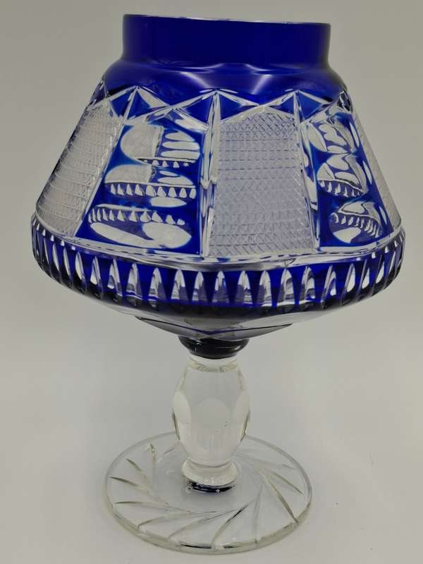 Vintage Bohemian Cobalt Blue Overlay Heavy Cut Footed Crystal Vase / Bowl - stunning - 24cm high