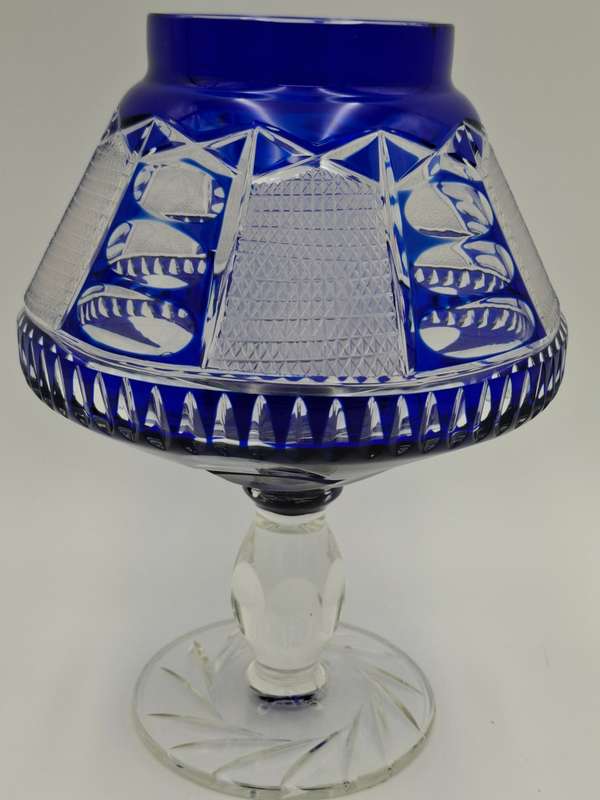 Vintage Bohemian Cobalt Blue Overlay Heavy Cut Footed Crystal Vase / Bowl - stunning - 24cm high