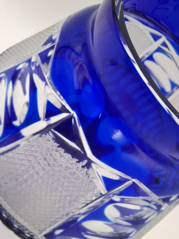 Vintage Bohemian Cobalt Blue Overlay Heavy Cut Footed Crystal Vase / Bowl - stunning - 24cm high