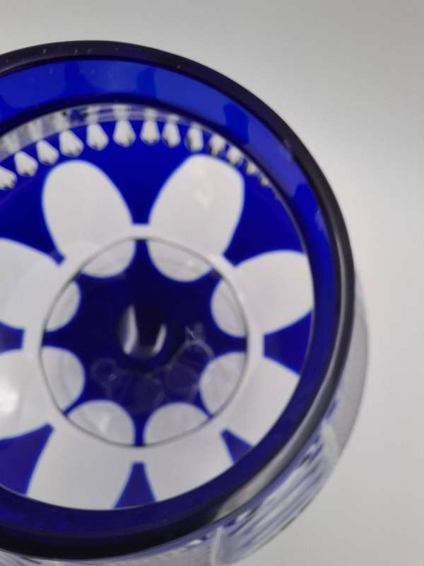 Vintage Bohemian Cobalt Blue Overlay Heavy Cut Footed Crystal Vase / Bowl - stunning - 24cm high