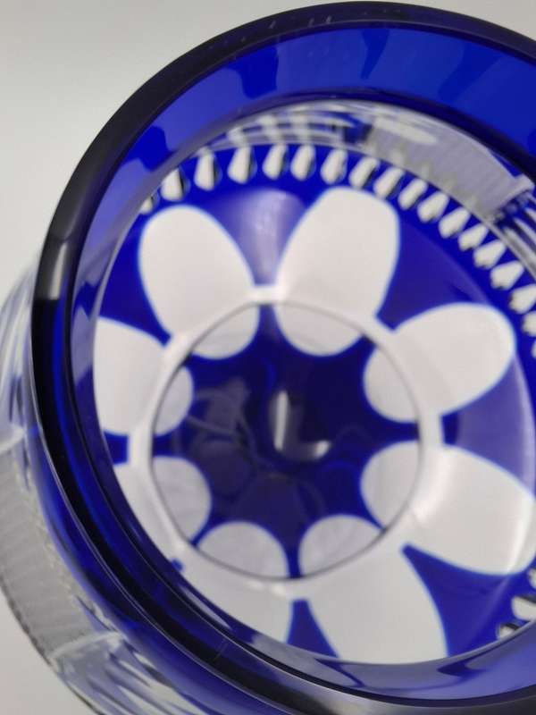 Vintage Bohemian Cobalt Blue Overlay Heavy Cut Footed Crystal Vase / Bowl - stunning - 24cm high