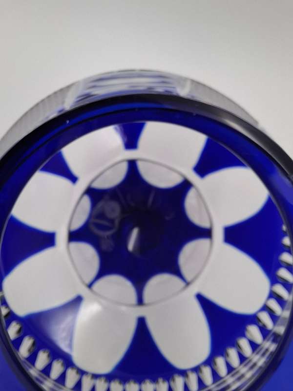 Vintage Bohemian Cobalt Blue Overlay Heavy Cut Footed Crystal Vase / Bowl - stunning - 24cm high