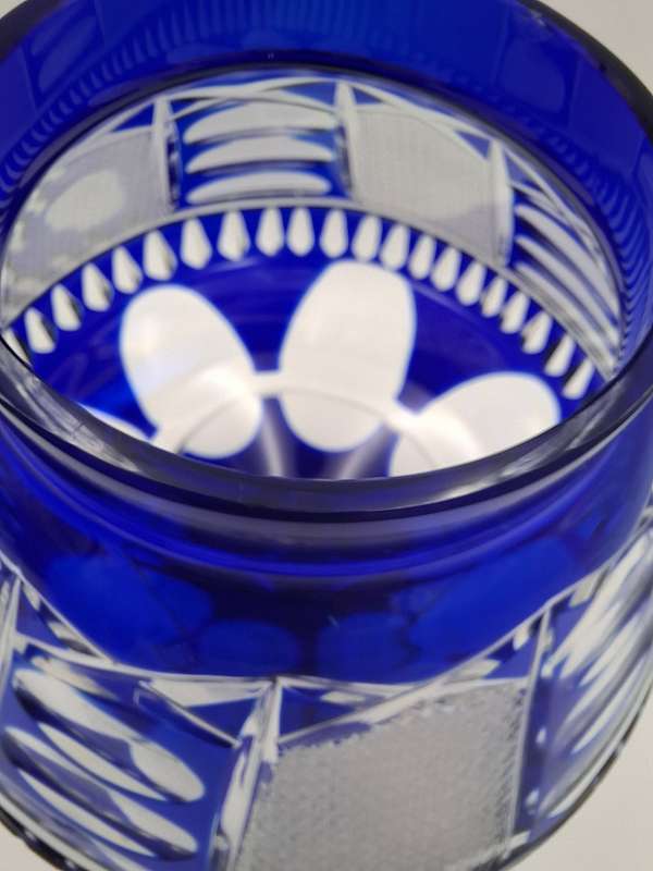 Vintage Bohemian Cobalt Blue Overlay Heavy Cut Footed Crystal Vase / Bowl - stunning - 24cm high