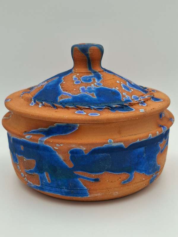 Gorgeous !! Clay Terracotta Serving Bowl with Lid - Cobalt Blue Inner Glazing & Beautifull Exterior