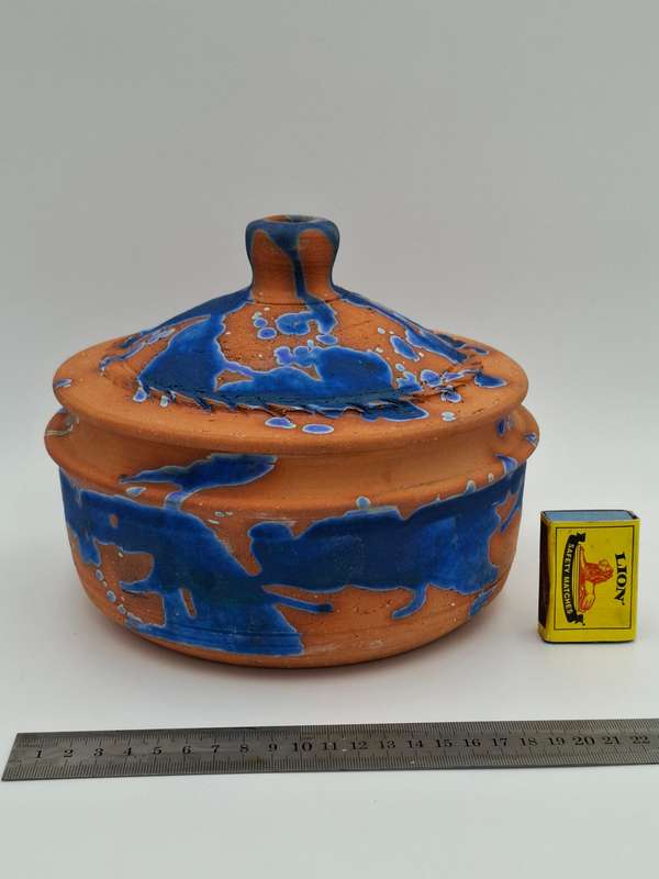 Gorgeous !! Clay Terracotta Serving Bowl with Lid - Cobalt Blue Inner Glazing & Beautifull Exterior