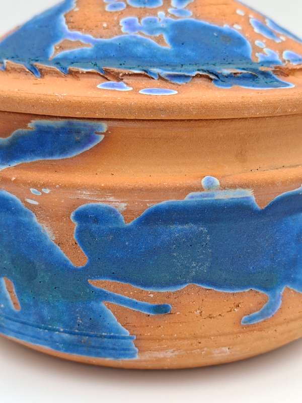 Gorgeous !! Clay Terracotta Serving Bowl with Lid - Cobalt Blue Inner Glazing & Beautifull Exterior