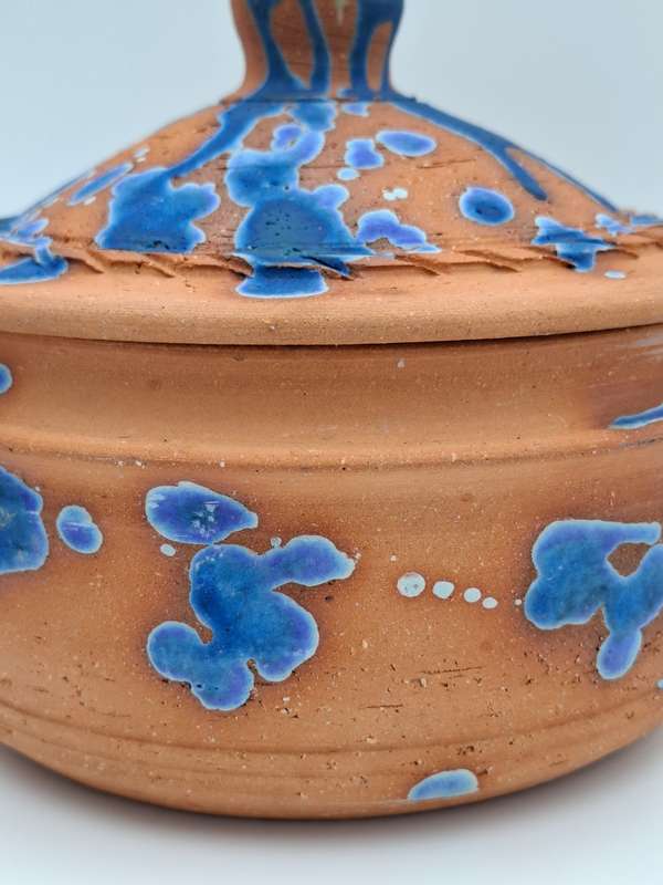 Gorgeous !! Clay Terracotta Serving Bowl with Lid - Cobalt Blue Inner Glazing & Beautifull Exterior