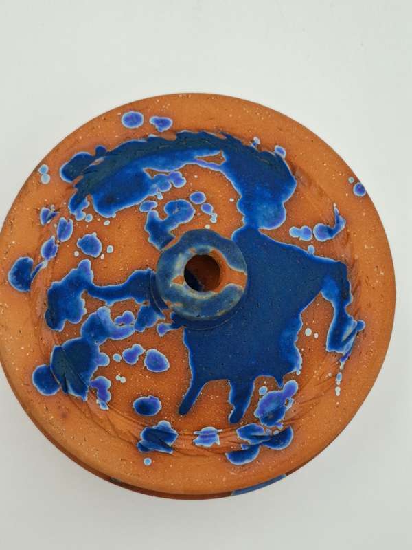 Gorgeous !! Clay Terracotta Serving Bowl with Lid - Cobalt Blue Inner Glazing & Beautifull Exterior