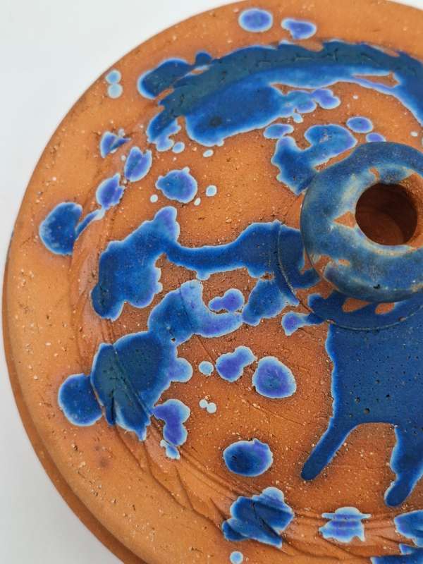 Gorgeous !! Clay Terracotta Serving Bowl with Lid - Cobalt Blue Inner Glazing & Beautifull Exterior