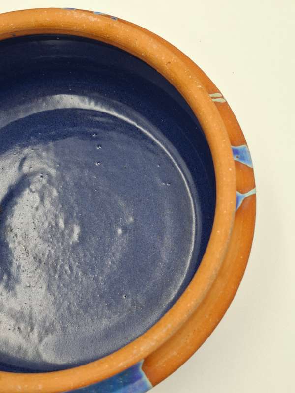 Gorgeous !! Clay Terracotta Serving Bowl with Lid - Cobalt Blue Inner Glazing & Beautifull Exterior