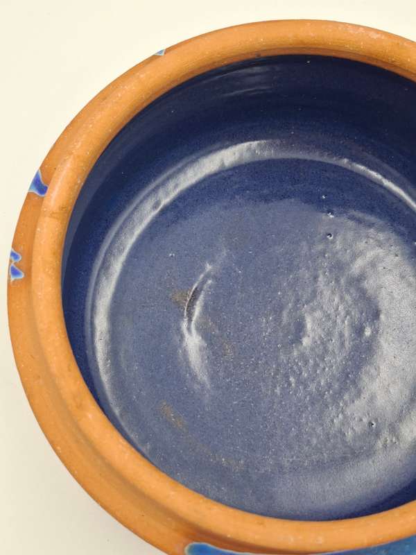 Gorgeous !! Clay Terracotta Serving Bowl with Lid - Cobalt Blue Inner Glazing & Beautifull Exterior