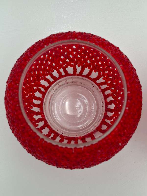 Trio Tealight Glass Candle Holders with Red Beaded jackets - beautiful illumination