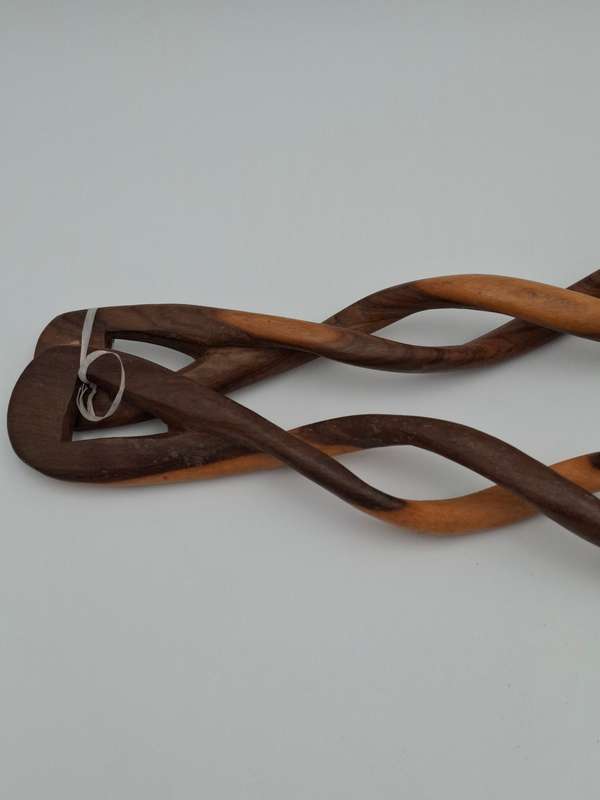 African Wooden Carved Salad Spoon Set - spiraled handles - beautiful colour