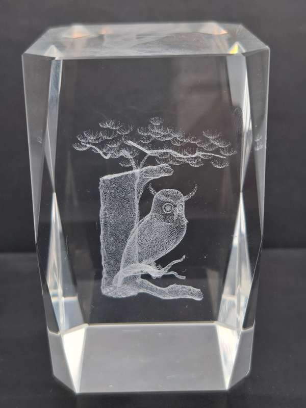 Vintage Laser Etched Glass Cube Paperweight - Owl Hologram Design