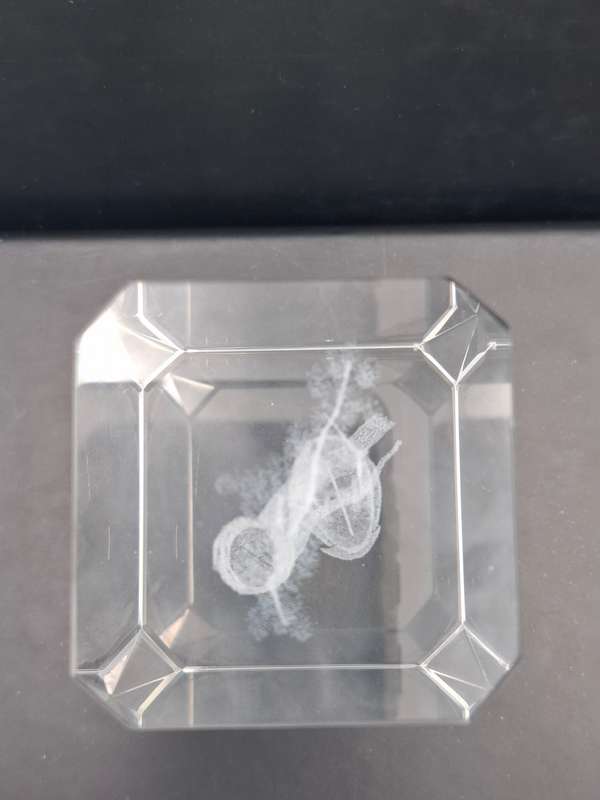 Vintage Laser Etched Glass Cube Paperweight - Owl Hologram Design