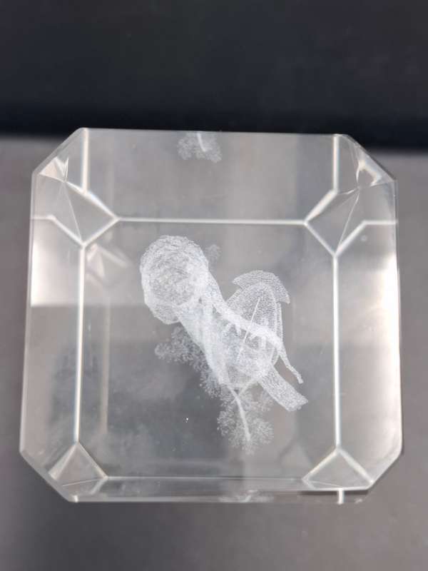 Vintage Laser Etched Glass Cube Paperweight - Owl Hologram Design