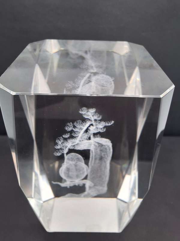 Vintage Laser Etched Glass Cube Paperweight - Owl Hologram Design