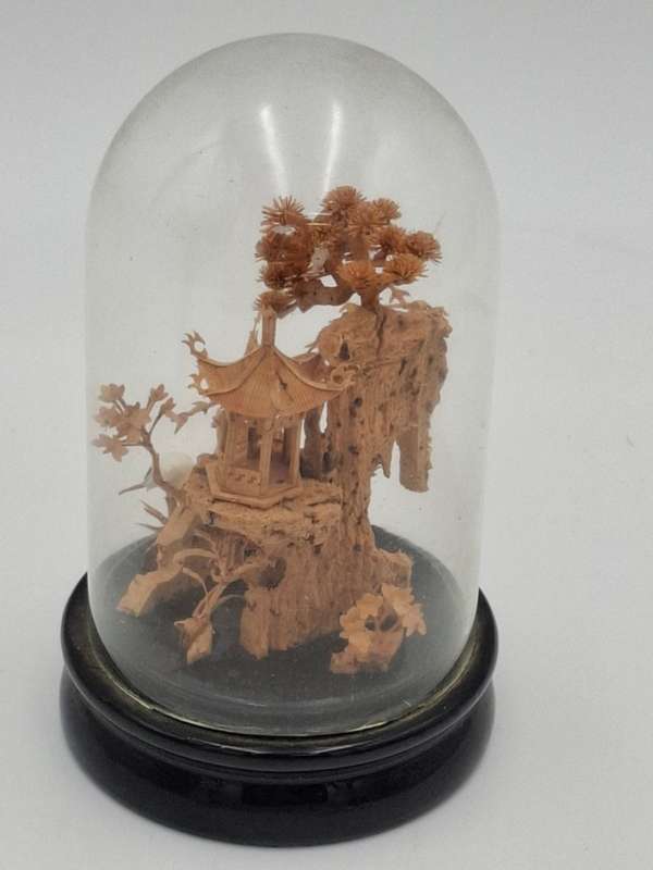 Vintage Chinese Cork Art in Glass Dome