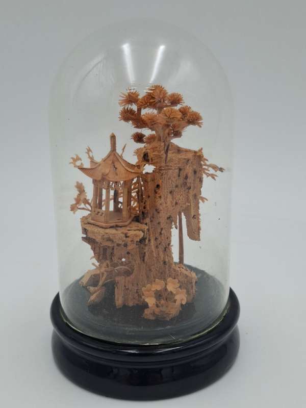 Vintage Chinese Cork Art in Glass Dome