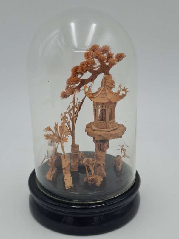 Vintage Chinese Cork Art in Glass Dome