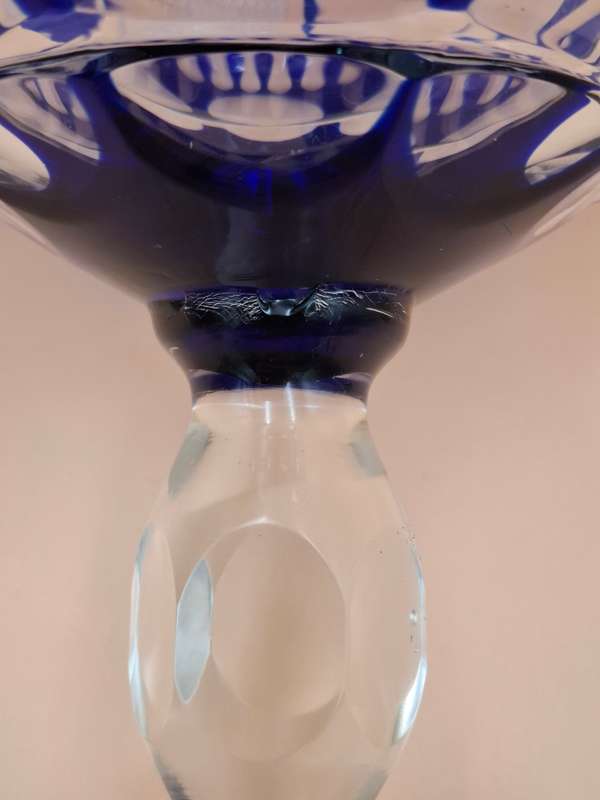 Vintage Bohemian Cobalt Blue Overlay Heavy Cut Footed Crystal Vase / Bowl - stunning - 24cm high