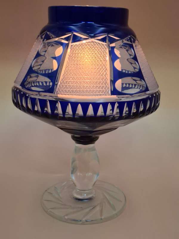 Vintage Bohemian Cobalt Blue Overlay Heavy Cut Footed Crystal Vase / Bowl - stunning - 24cm high