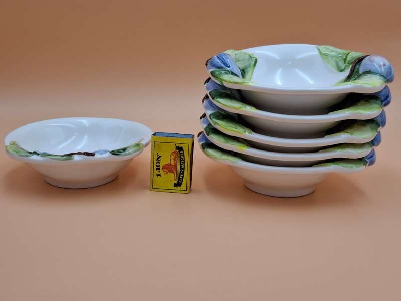 Vintage Lime Green & Blue Patterned Ceramic Dessert Bowls x 6 - Made in Germany