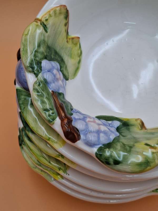 Vintage Lime Green & Blue Patterned Ceramic Dessert Bowls x 6 - Made in Germany