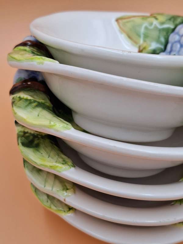 Vintage Lime Green & Blue Patterned Ceramic Dessert Bowls x 6 - Made in Germany