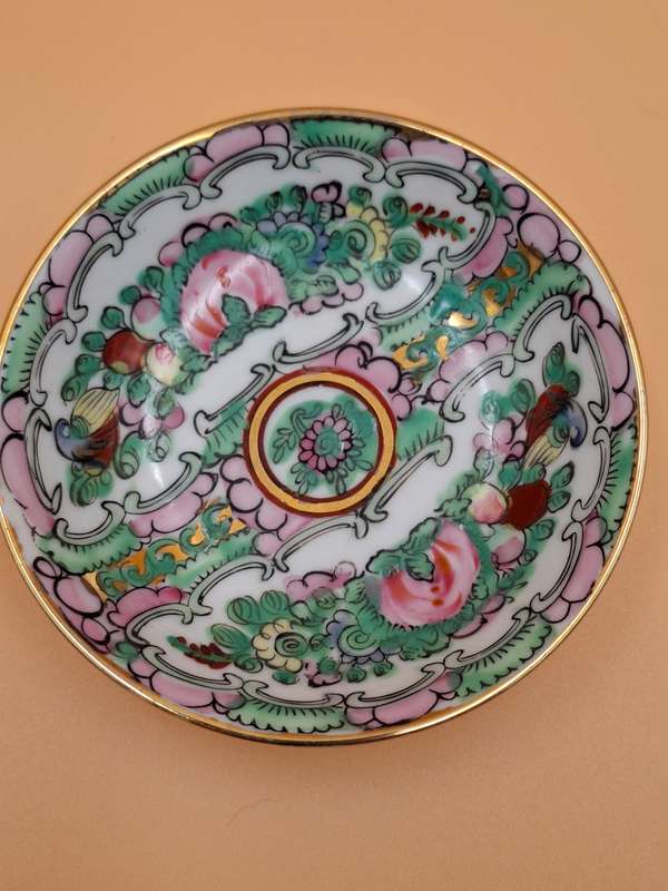 Vintage Hand Painted Porcelain Dipping Bowl with Famille Rose Design - Made in Macau - 10cm diameter