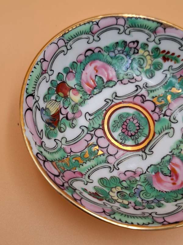 Vintage Hand Painted Porcelain Dipping Bowl with Famille Rose Design - Made in Macau - 10cm diameter