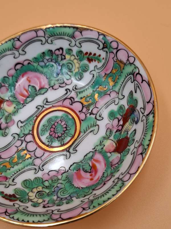 Vintage Hand Painted Porcelain Dipping Bowl with Famille Rose Design - Made in Macau - 10cm diameter
