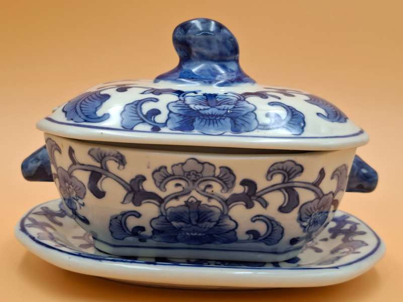 Vintage Victorian Ironstone Blue & White Tureen Dish with Lid & Serving Plate