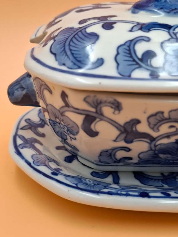Vintage Victorian Ironstone Blue & White Tureen Dish with Lid & Serving Plate