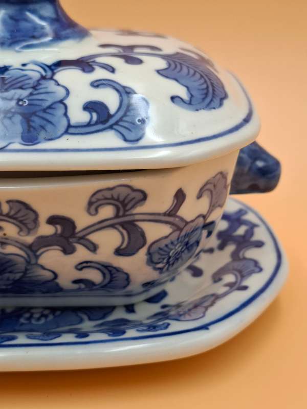 Vintage Victorian Ironstone Blue & White Tureen Dish with Lid & Serving Plate
