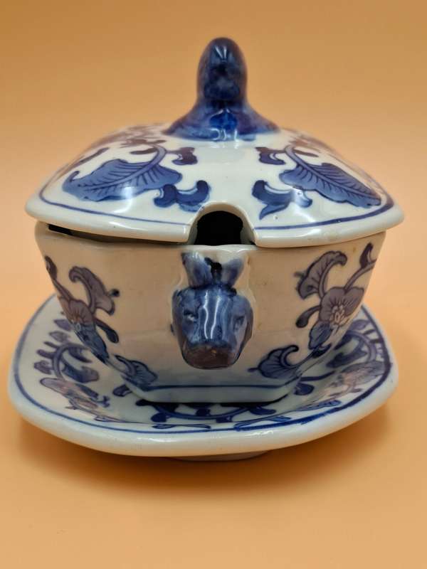 Vintage Victorian Ironstone Blue & White Tureen Dish with Lid & Serving Plate