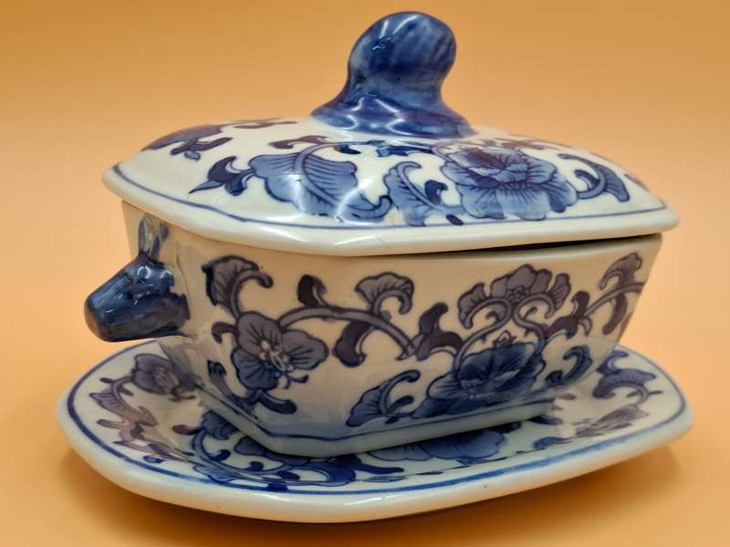 Vintage Victorian Ironstone Blue & White Tureen Dish with Lid & Serving Plate