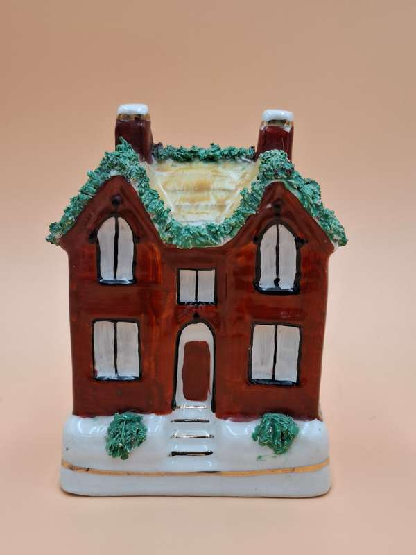 Vintage Staffordshire House Coin Bank with Gold Accent Trim