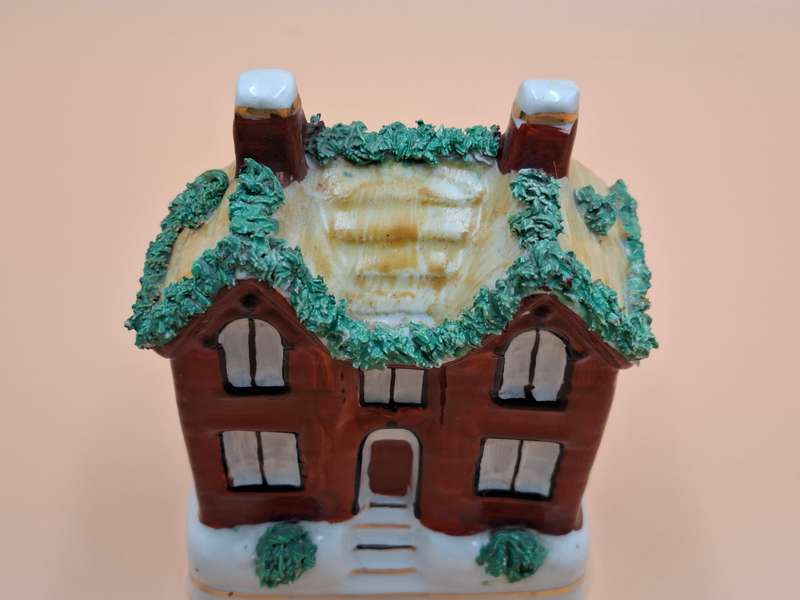 Vintage Staffordshire House Coin Bank with Gold Accent Trim