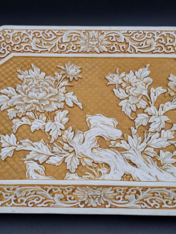 Vintage Ivory Cinnabar Carved Rectangular Tray - Unique & Rare