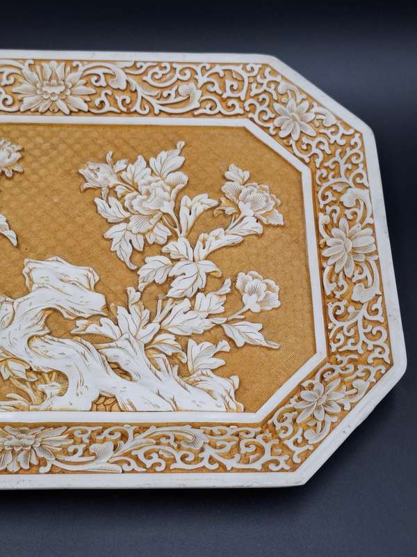 Vintage Ivory Cinnabar Carved Rectangular Tray - Unique & Rare