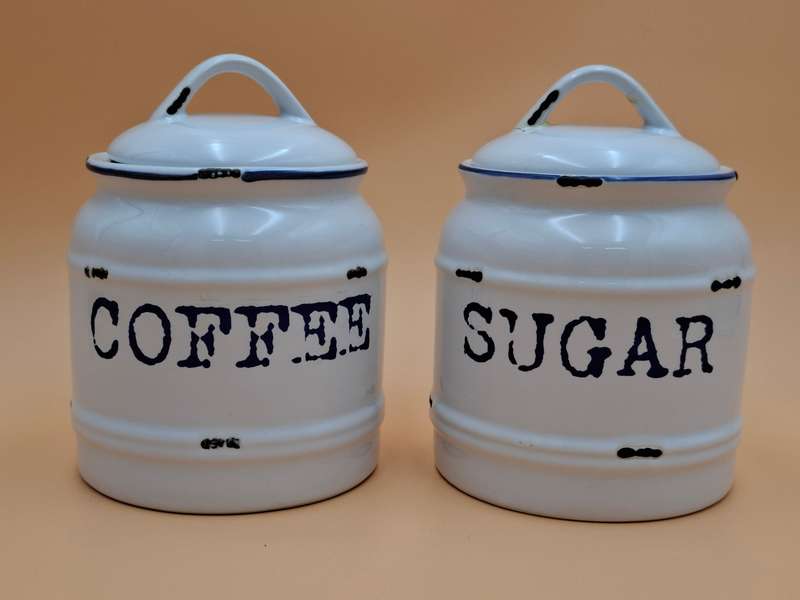 Vintage looking Ceramic Storage Canisters Coffee & Sugar with Blue Letters
