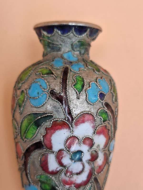 Vintage Miniature Urn Shape Cloisonné Vase - vibrant colours