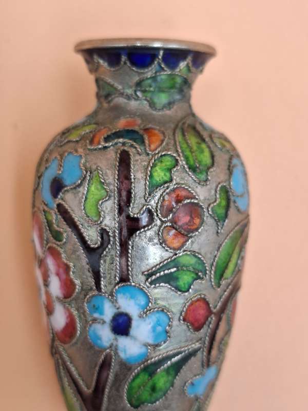 Vintage Miniature Urn Shape Cloisonné Vase - vibrant colours