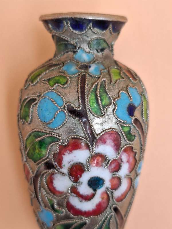 Vintage Miniature Urn Shape Cloisonné Vase - vibrant colours