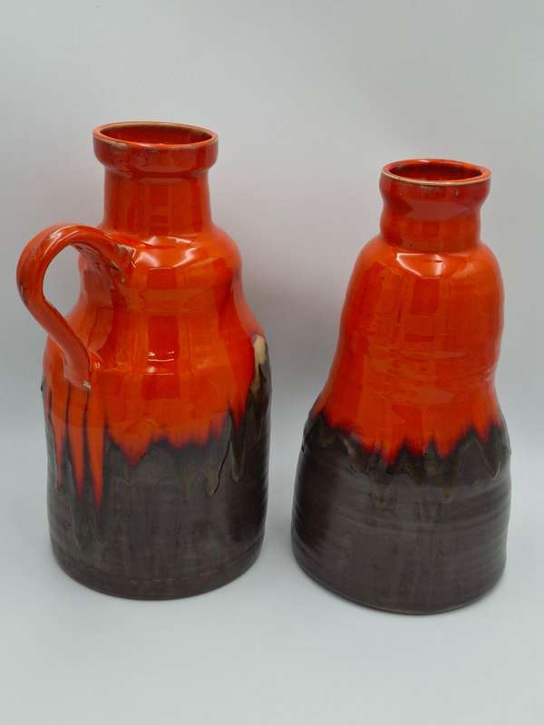 Pair of Mid-Century Retro Orange & Brown Drip Glazed - Jug & Vase
