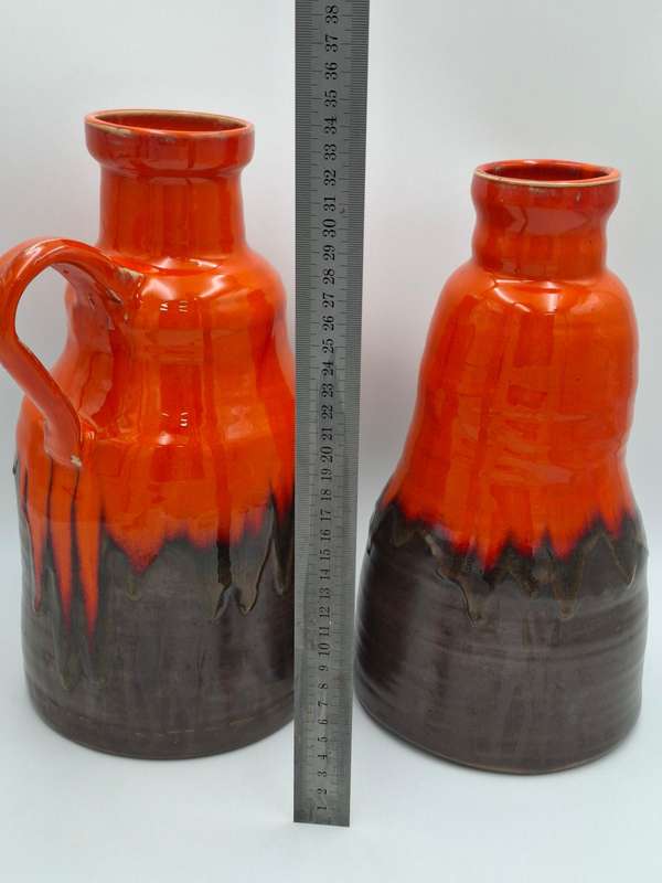 Pair of Mid-Century Retro Orange & Brown Drip Glazed - Jug & Vase