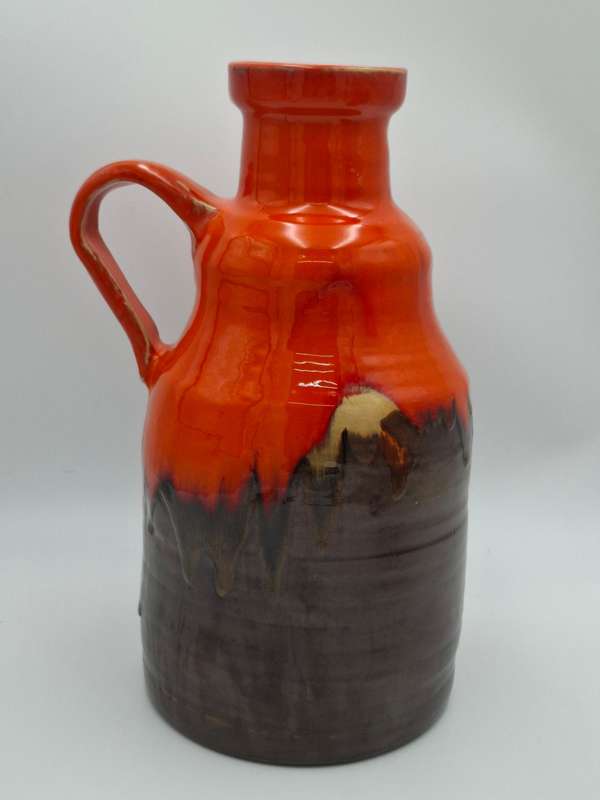 Pair of Mid-Century Retro Orange & Brown Drip Glazed - Jug & Vase