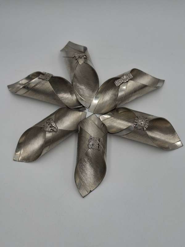 6x Vintage Serviette Rings - Bolivia Pewter - Aztec Themed Folded Design